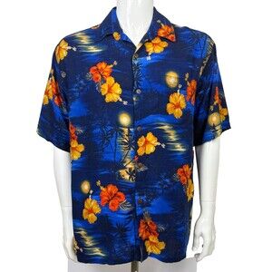 Vintage Hibiscus Collection Hawaiian Aloha Shirt Floral Palms Large Blue Rayon